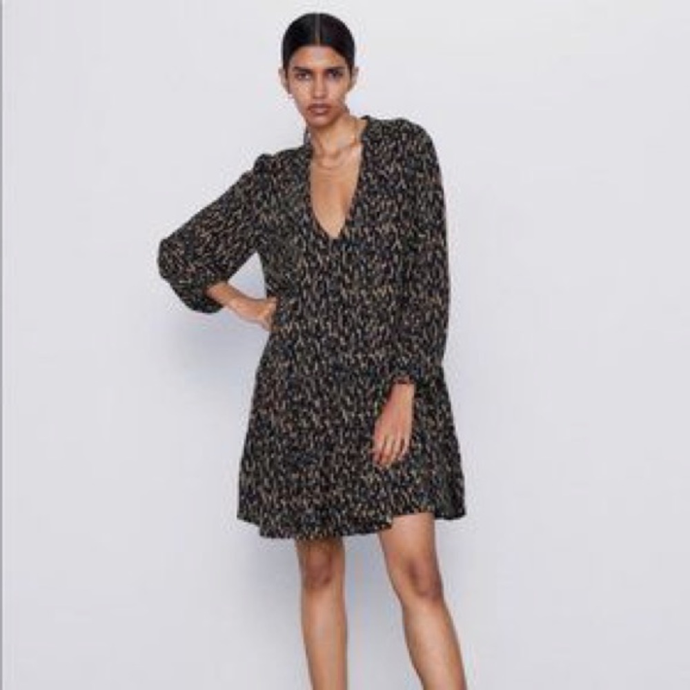 Zara Leopard Print Tan and Black Swing Dress Size M